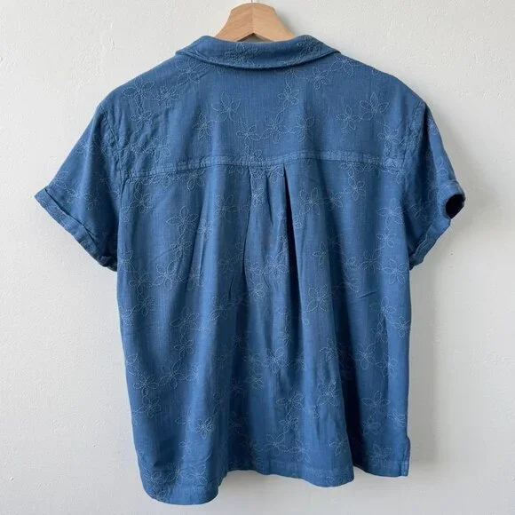 Cloth & Stone Embroidered Chambray Button Front Camp Shirt Rayon Linen Size M - Picture 3 of 9